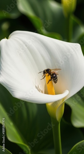 Bee Pollinating a White Calla Lily in Natural Light.