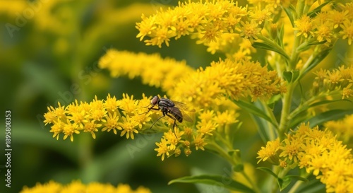 Bee Pollinating Goldenrod Flowers in a Sunny Meadow.