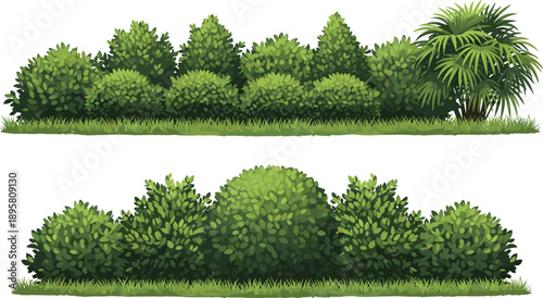 Lush green garden bushes and hedges illustration set isolated on white background, natural landscaping foliage elements for outdoor design, parks, gardens, and eco concepts