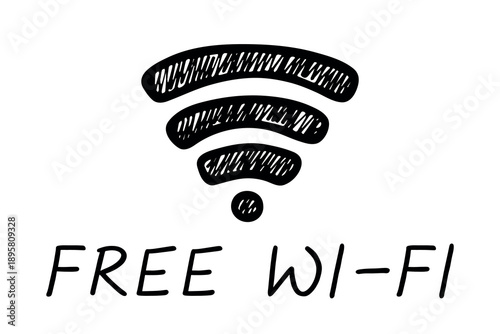Hand drawn free wifi spot zone sign Public wi-fi area sign Wireless internet clipart in doodle style Single element for print, web, design, decor 3G, 4G, 5G, 6G, IoT