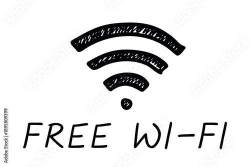 Hand drawn free wifi spot zone sign Public wi-fi area sign Wireless internet clipart in doodle style Single element for print, web, design, decor 3G, 4G, 5G, 6G, IoT