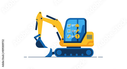 Construction Excavator With Checklist And Tools In Cab