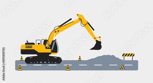 Construction Excavator Working On Road Repair And Infrastructure Development