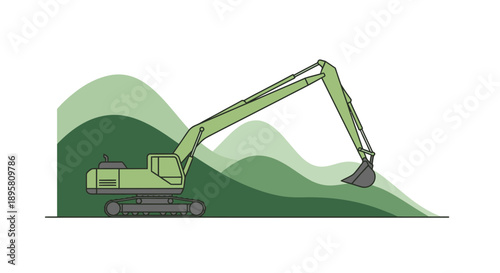 Construction Excavator Working On Hillside With Simple Geometric Shapes