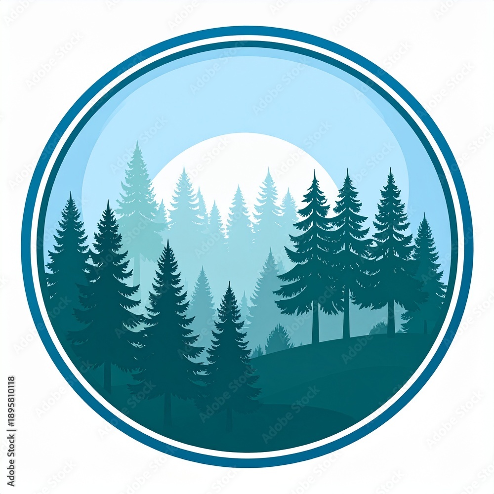 Fototapeta premium Full moon over misty pine forest in circular frame teal blue night scene