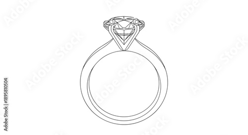 Simple line drawing of a diamond engagement ring with a large cut gemstone set in a band for wedding designs.