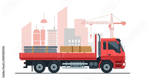 Construction Material Delivery Truck on Cityscape Background