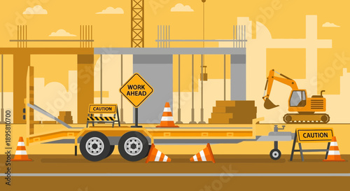 Construction Site Safety And Progress With Heavy Machinery And Warning Signs Illustrated