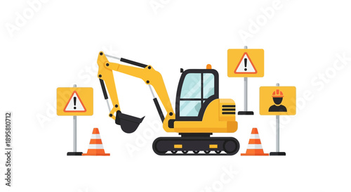 Construction Site Safety Warning And Excavator Machine Illustration