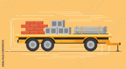 Construction Materials Transported By Flatbed Trailer Vector Illustration