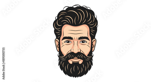 Detailed portrait illustration of a man with a full beard and mustache and thick curly hair for character design.