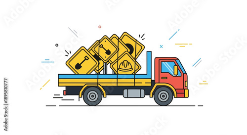 Construction Site Warning Signs Delivered By Truck Illustration