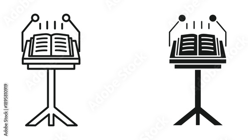 Two music stands with sheet music and microphones