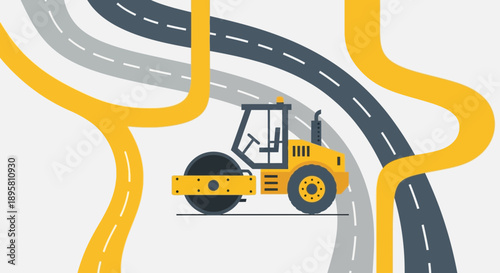Construction Roller On Dynamic Abstract Road Network Graphic Art Illustration