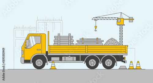 Construction Truck And Crane Delivering Materials To Building Site Scene