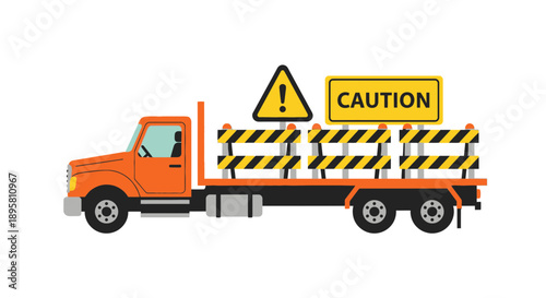 Construction Truck Carrying Road Barriers and Caution Signs for Traffic Management