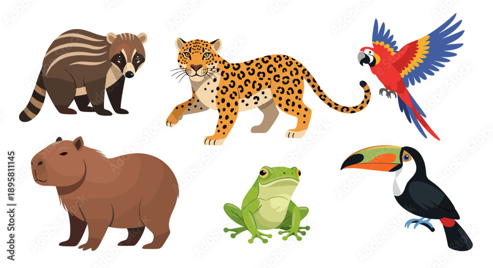 Naklejka premium Diverse collection of rainforest animals including a capybara, jaguar, raccoon, tree frog, scarlet macaw, and a toucan bird.