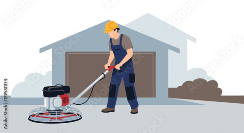 Construction Worker Operating Concrete Polishing Machine Near Garage Exterior