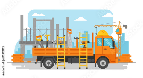 Construction Truck Fully Loaded With Building Tools And Materials