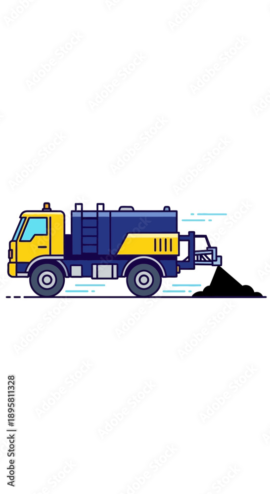 Fototapeta premium Construction Vehicle Cleans Road with Specialized Equipment Performing Infrastructure Maintenance