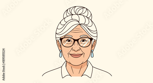 Friendly portrait illustration of an elderly woman with white hair in a bun, wearing glasses and blue earrings on a cream background.