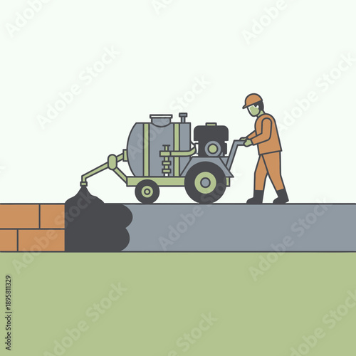 Construction Worker Operating Tar Sprayer Machine Pouring Asphalt On Ground