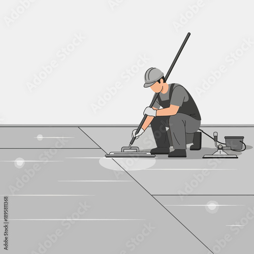 Construction Worker Polishing Concrete Floor Surface with Specialized Equipment