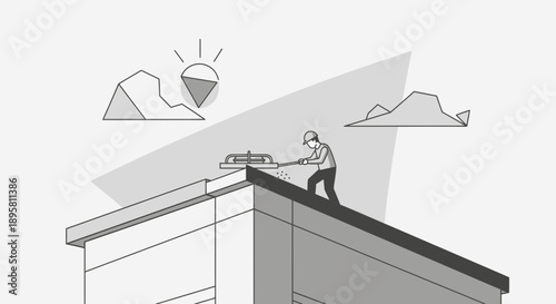 Construction Worker Performing Rooftop Maintenance With Tools Under A Stylized Sun