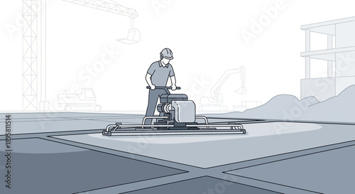 Construction Worker Polishing Concrete Slab With Power Trowel Machine