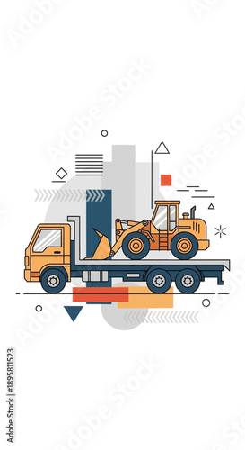 Construction Vehicle Transported On Flatbed Truck Stylized Illustration