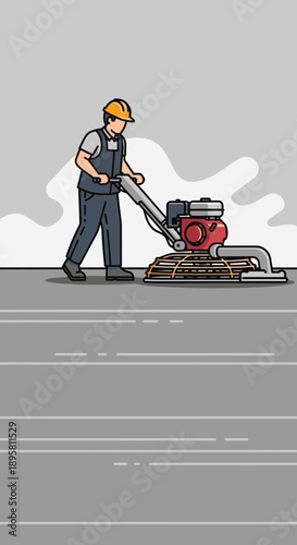 Construction Worker Polishing Concrete Surface with Power Trowel Machine