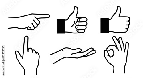 Collection of hand gestures in simple line art style.
