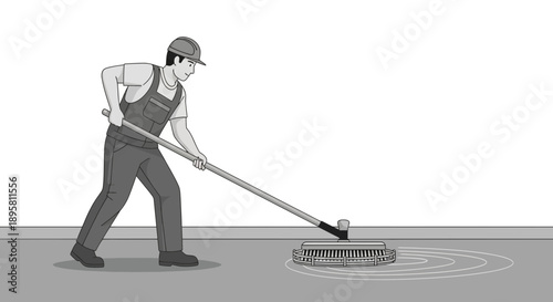 Construction Worker Polishing Concrete Surface With Rotary Trowel