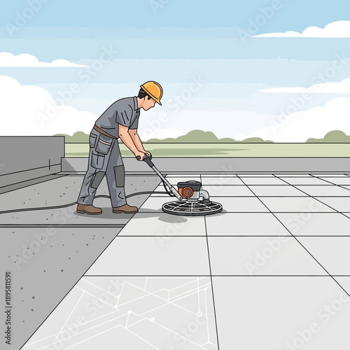 Construction Worker Polishing Floor with Power Trowel Machine on Site