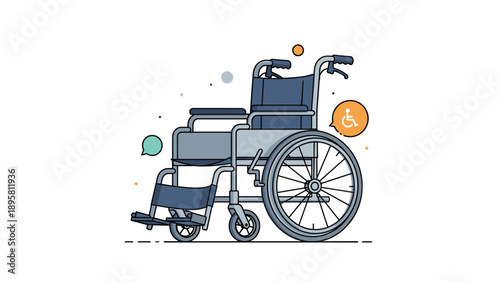 Illustration of a modern wheelchair with large rear wheels and a seat cushion shown against a clean white background.