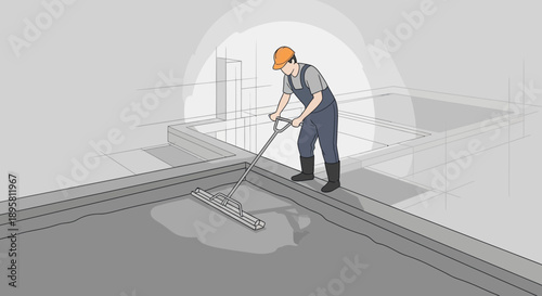 Construction Worker Smoothing Freshly Poured Concrete With A Screed Tool