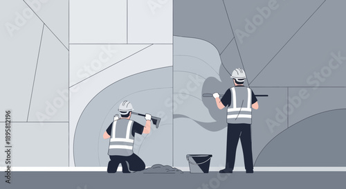 Construction Workers Applying Plaster To Modern Architectural Design