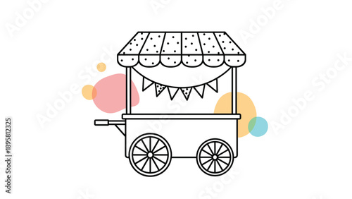 Line art illustration of a traditional market stall or vending cart with a striped canopy and festive banner flags.