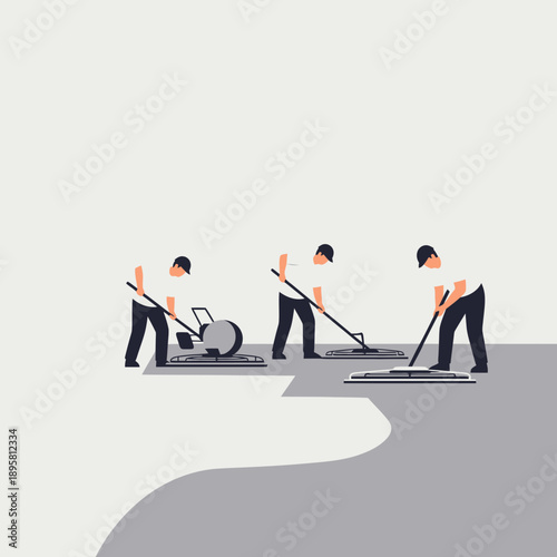 Construction Workers Paving New Ground with Modern Equipment Illustration