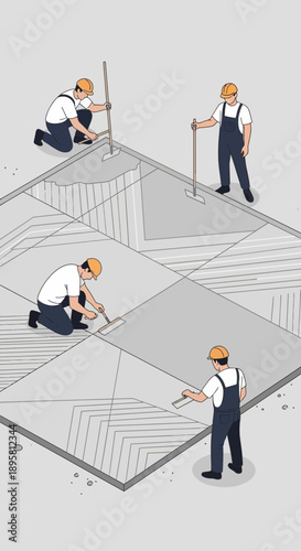 Construction Workers Perfectly Laying Tiles With Tools In Isometric View