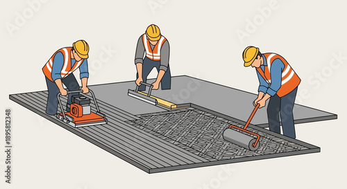 Construction Workers Paving Road Surface with Equipment