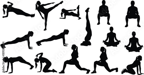 Fitness exercise silhouettes set featuring yoga workout stretching strength training poses isolated black figures healthy lifestyle illustration collection