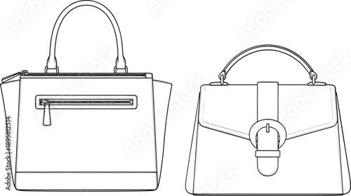 Women handbag technical flat sketch showing front and back views, elegant structured purse design with top handles, zipper pocket and buckle closure for fashion mockups