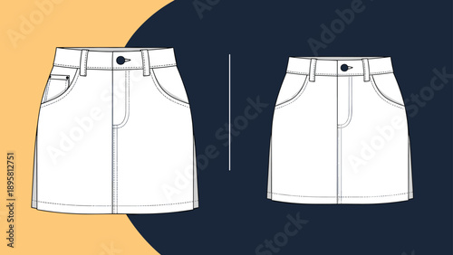 Technical fashion sketches of two denim skirts with front pockets and waistbands shown against a dual color background.