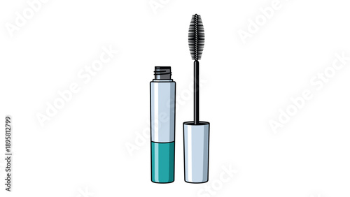Open tube of teal and gray mascara with its applicator wand and brush shown in a simple cosmetic illustration.