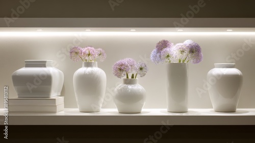 Elegant display of white vases with delicate floral arrangements, showcasing modern interior decor and minimalist design in soft lighting