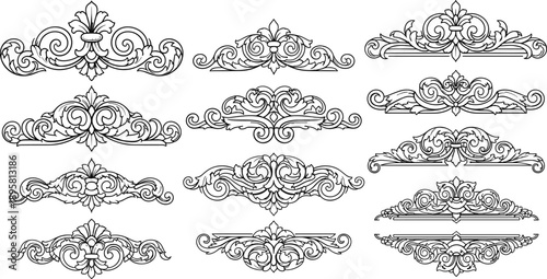 Vintage ornamental flourishes set featuring baroque floral scroll borders decorative dividers isolated elegant line art illustration collection