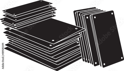 Stacks of black plates with silver screws illustration