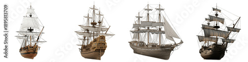 Fotografija Collection of Vintage Wooden Sailing Ships Isolated on White Background