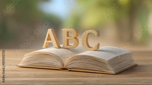 A wooden ABC alphabet letters on top of an open book on a table
